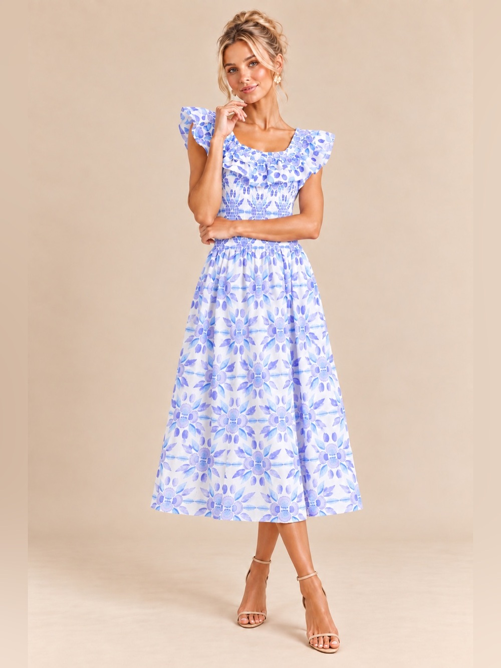 Hill House Home Ellie Nap Smocked Flowy Midi Dress Lavender Blue Shell Mosaic